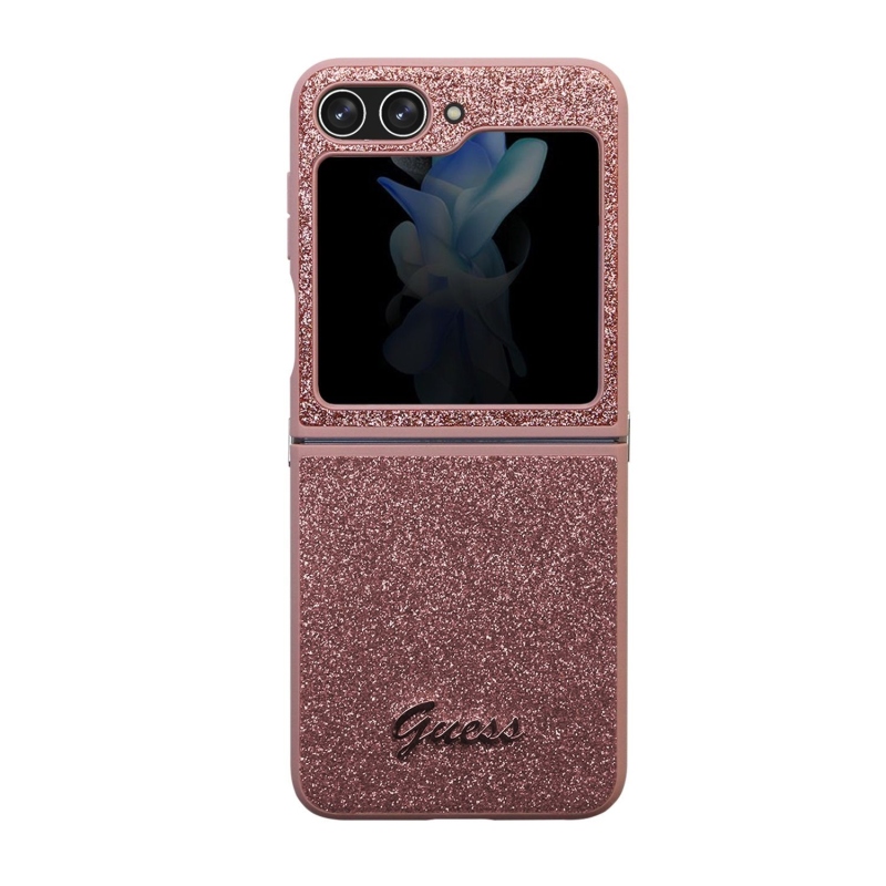Guess PC/TPU Glitter Flakes Metal Logo hátlap Samsung Galaxy Z Flip 5 rózsaszínű borítóhoz