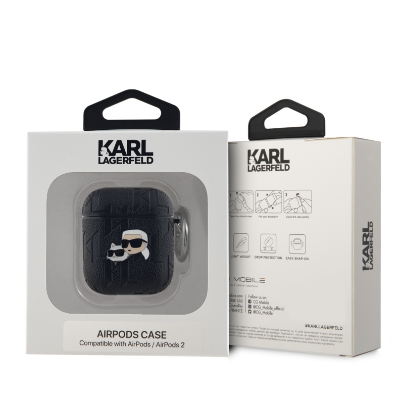 Karl Lagerfeld PU dombornyomott Karl és Choupette fejek tok az AirPods 1/2-hez Fekete