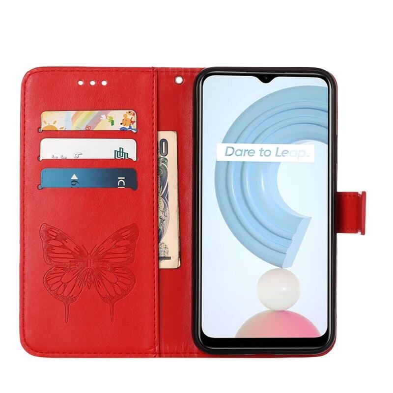 Pillangók PU bőr pénztárca tok mobiltelefonhoz Realme C21Y/C25Y - piros
