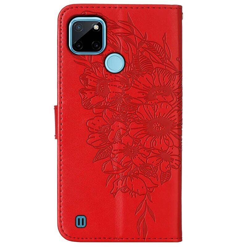 Pillangók PU bőr pénztárca tok mobiltelefonhoz Realme C21Y/C25Y - piros
