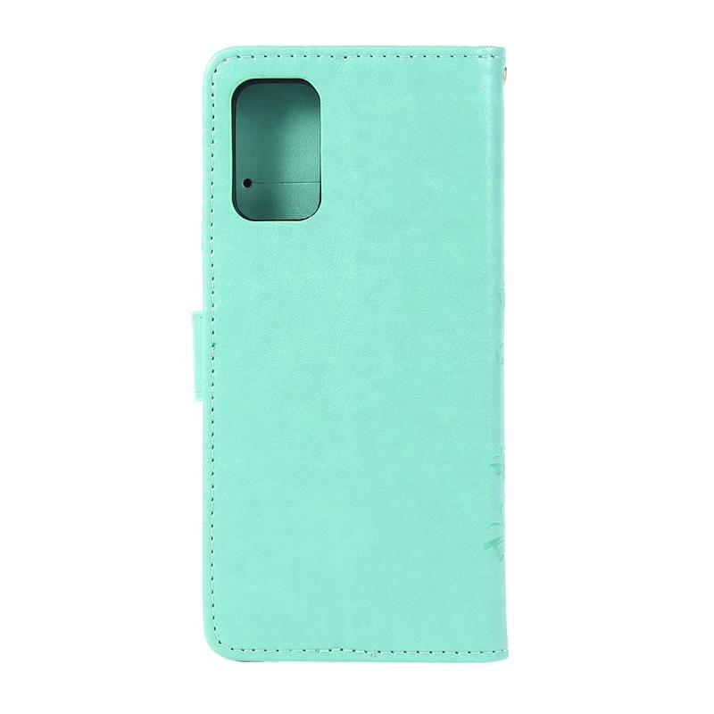 Pillangók PU bőr pénztárca tok Samsung Galaxy S20 Plus - cián színű