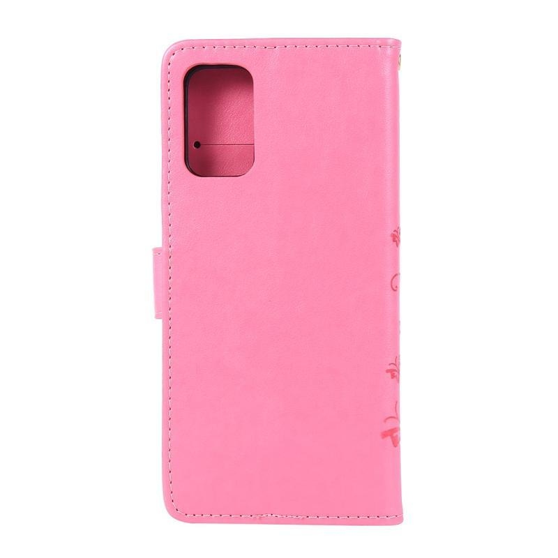 Pillangók PU bőr pénztárca tok Samsung Galaxy S20 Plus - rózsaszín