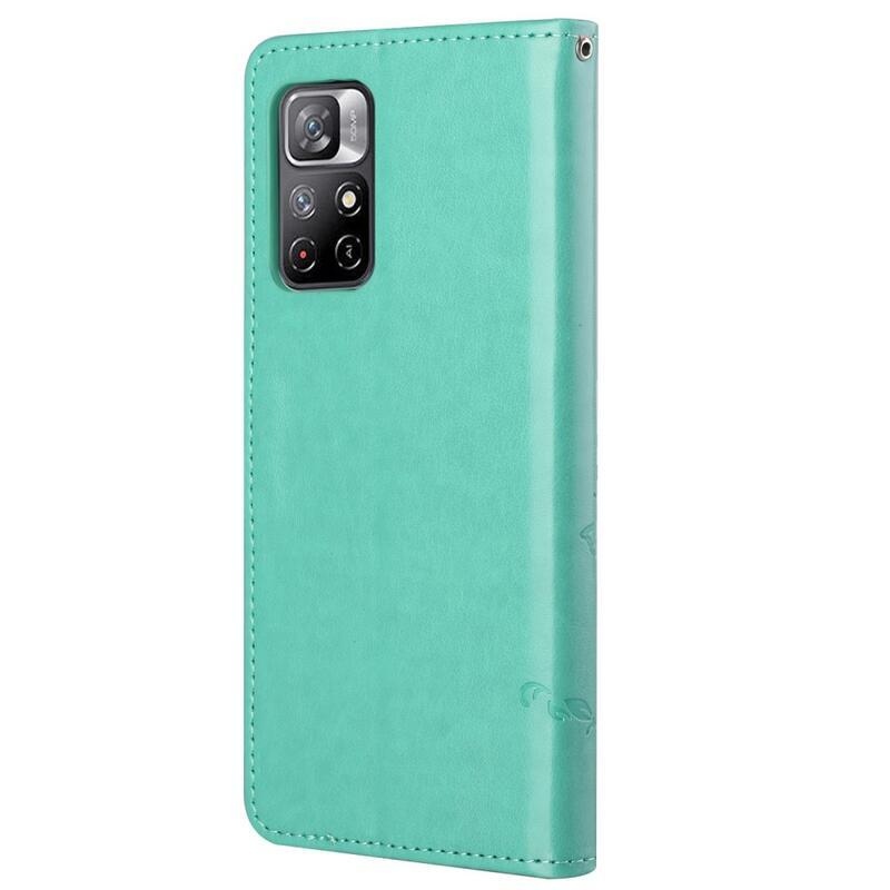 Pillangók PU bőr pénztárca tok Xiaomi Poco M4 Pro 5G/Redmi Note 11S 5G - cián színű