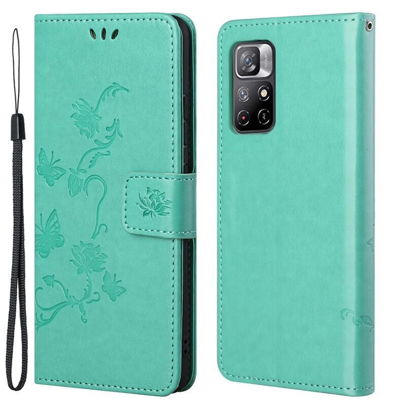 Pillangók PU bőr pénztárca tok Xiaomi Poco M4 Pro 5G/Redmi Note 11S 5G - cián színű