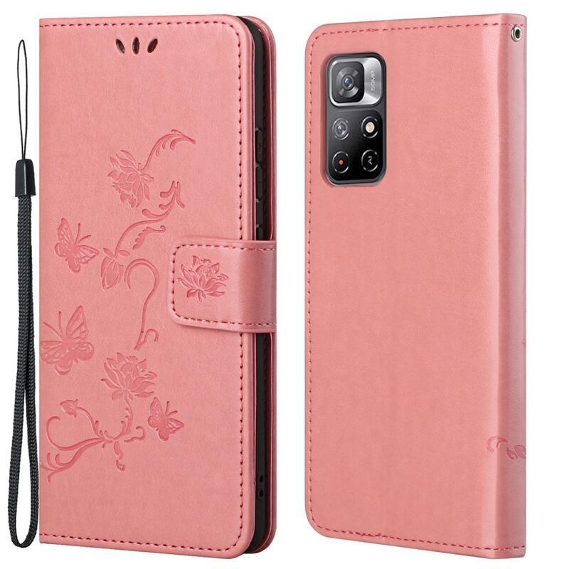Pillangók PU bőr pénztárca tok Xiaomi Poco M4 Pro 5G/Redmi Note 11S 5G - rózsaszínű