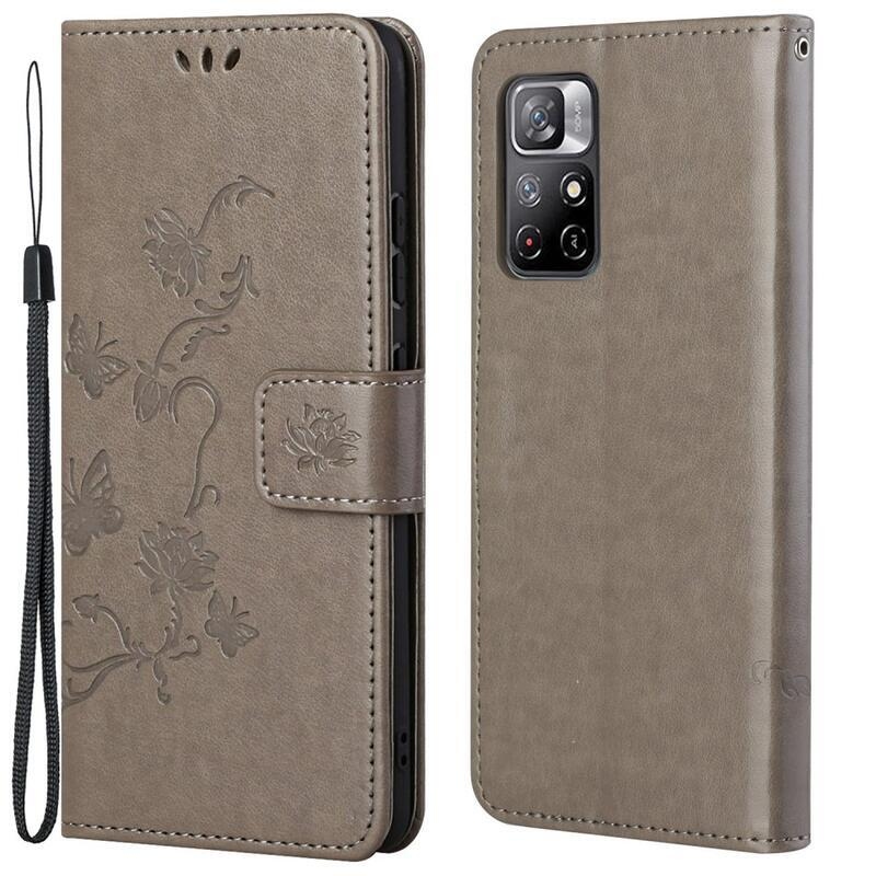 Pillangók PU bőr pénztárca tok Xiaomi Poco M4 Pro 5G/Redmi Note 11S 5G - szürke