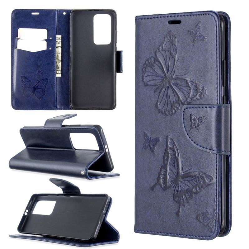 Pillangó PU bőr pénztárca tok a Huawei P40 Pro-hoz - kék