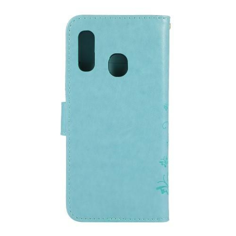 Pillangó PU bőr pénztárca tok Samsung Galaxy A20e - cián színű