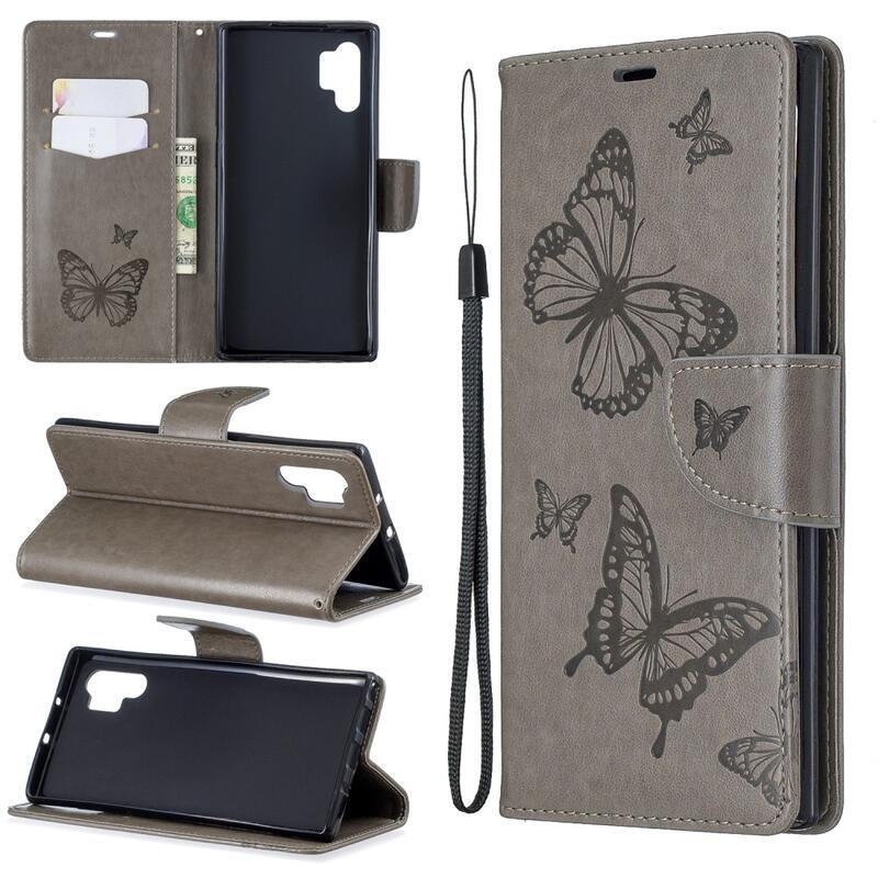 Pillangó PU bőr pénztárca tok Samsung Galaxy Note 10 Plus-hoz - szürke