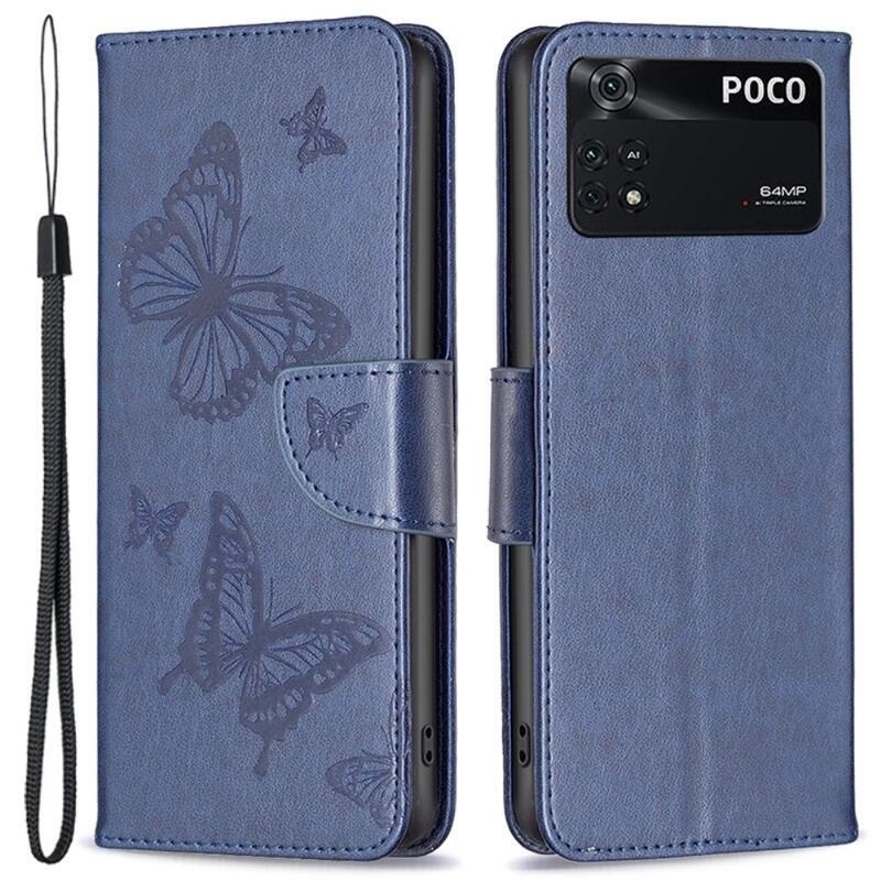 Pillangó PU bőr pénztárca tok Xiaomi Poco M4 Pro 4G - sötétkék