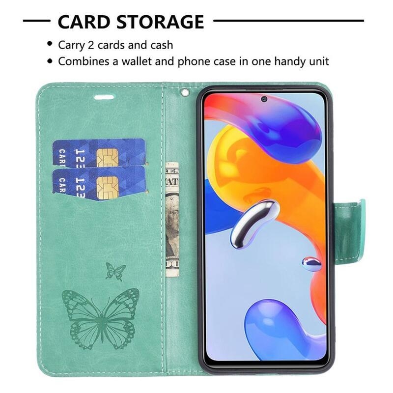 Pillangó PU bőr pénztárca tok a Xiaomi Poco M4 Pro 4G-hez - zöld