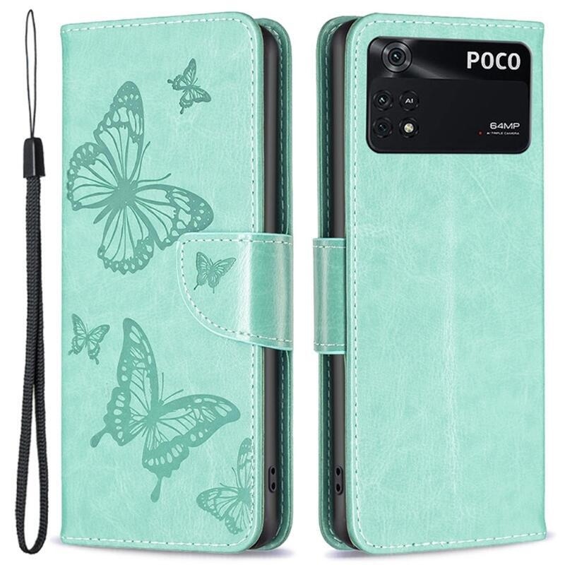 Pillangó PU bőr pénztárca tok a Xiaomi Poco M4 Pro 4G-hez - zöld