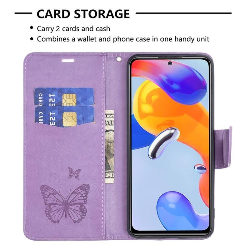 Pillangó PU bőr pénztárca tok Xiaomi Redmi 10C-hez - lila