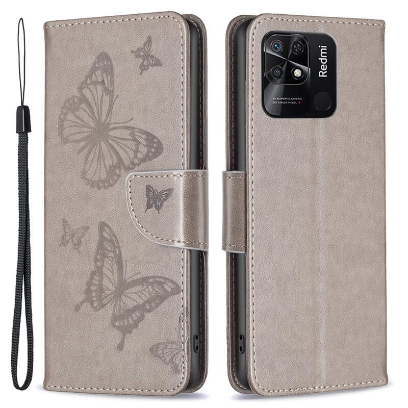 Pillangó PU bőr pénztárca tok Xiaomi Redmi 10C-hez - szürke