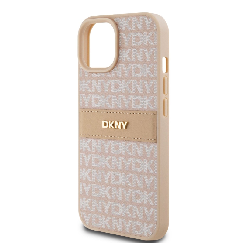 DKNY PU bőr ismétlődő mintás tonális csíkos hátlap iPhone 15 rózsaszínhez