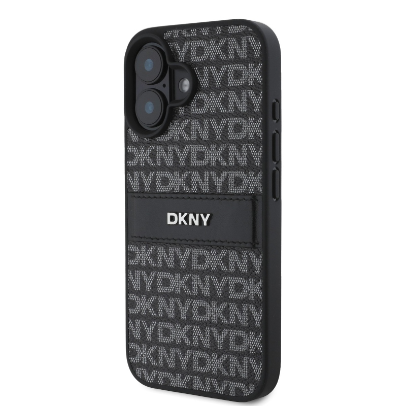 DKNY PU bőr ismétlődő mintás tonális csíkos hátlap iPhone 16-hoz Fekete