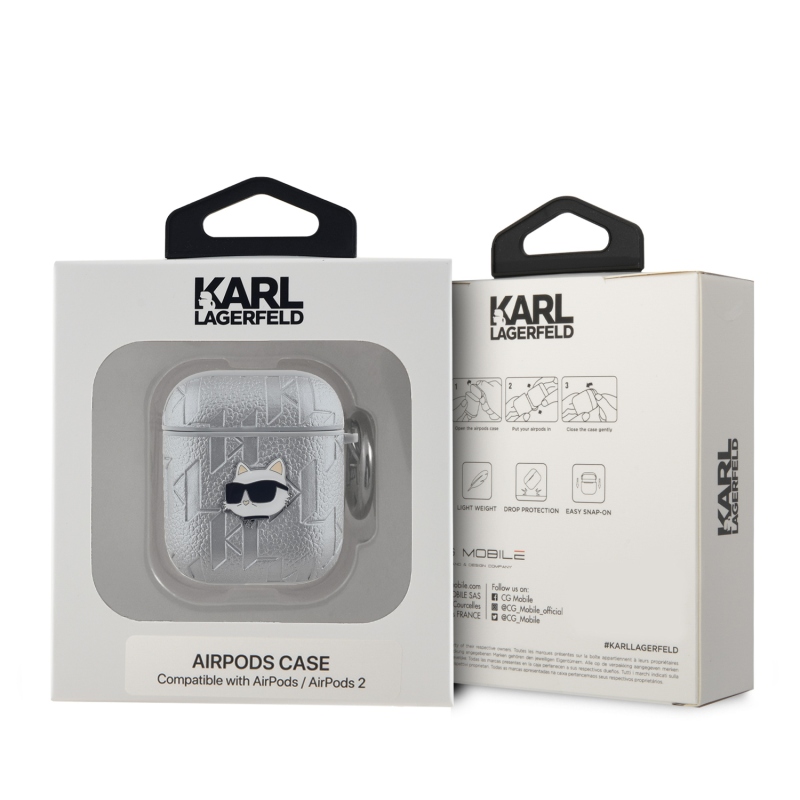 Karl Lagerfeld PU dombornyomott Choupette fej tok az AirPods 1/2 ezüsthöz