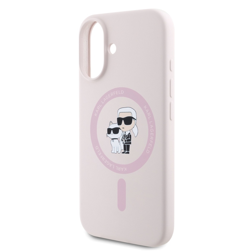 Karl Lagerfeld folyékony szilikon Karl és Choupette MagSafe hátlapi borító iPhone 16 rózsaszínhez