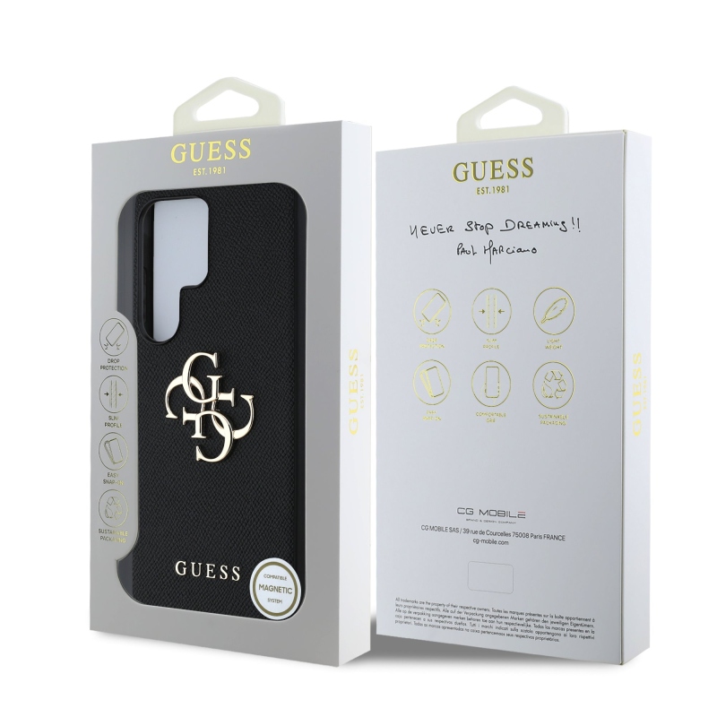 Guess PU szemcsés 4G fém logó hátlap Samsung Galaxy S25 Ultra fekete