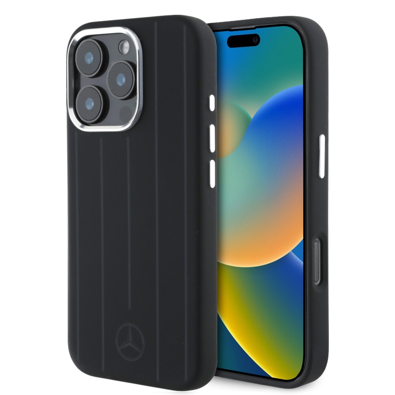 Mercedes Liquid szilikon csíkos mintás MagSafe hátlap iPhone 16 Pro Fekete