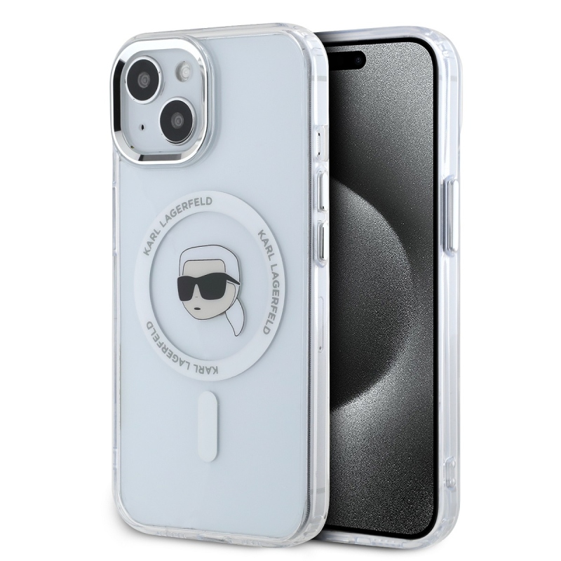 Karl Lagerfeld IML Karl Head fémkeret MagSafe hátlapi borító iPhone 15-hez Átlátszó