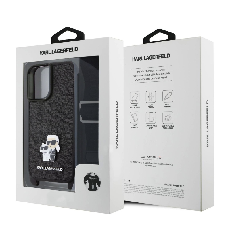 Karl Lagerfeld Saffiano Crossbody Strap Metal Karl és Choupette hátlapi borító iPhone 16 Plus-hoz Fekete