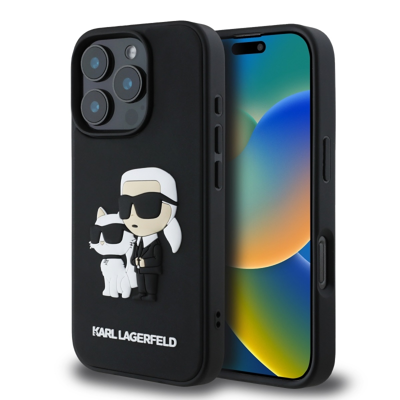Karl Lagerfeld 3D gumiból készült Karl és Choupette hátlap iPhone 16 Pro Max készülékhez Fekete