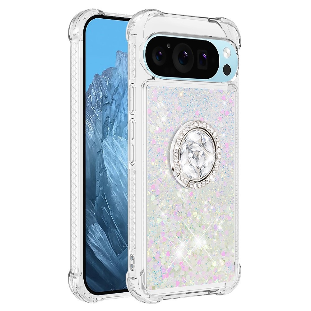 Glitt homokóra zselés tok ujjgyűrűvel a Google Pixel 10 számára - rózsaszín/ezüst/szív