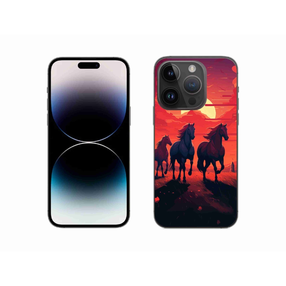 Zselés borítás mmCase iPhone 14 Pro készülékhez - lovak és naplemente