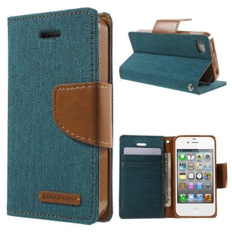 Vászon PU bőr/textil tok iPhone 4s és 4 készülékhez - zöld/kék