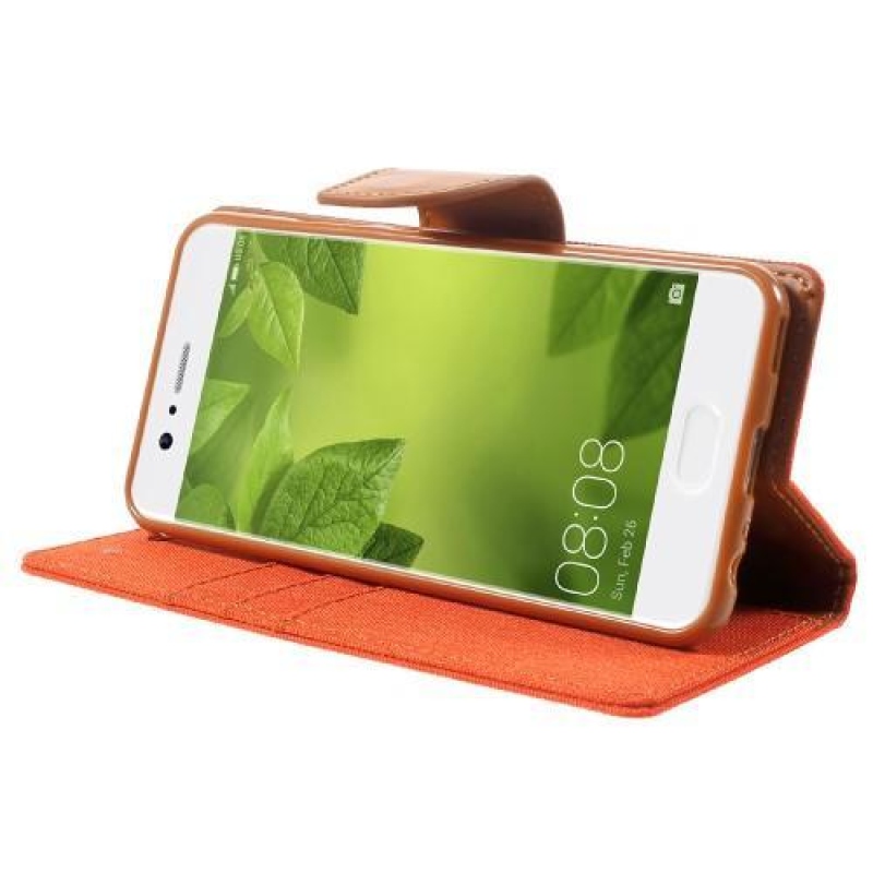 Vászon textil/PU bőr tok Huawei P10-hez - narancssárga