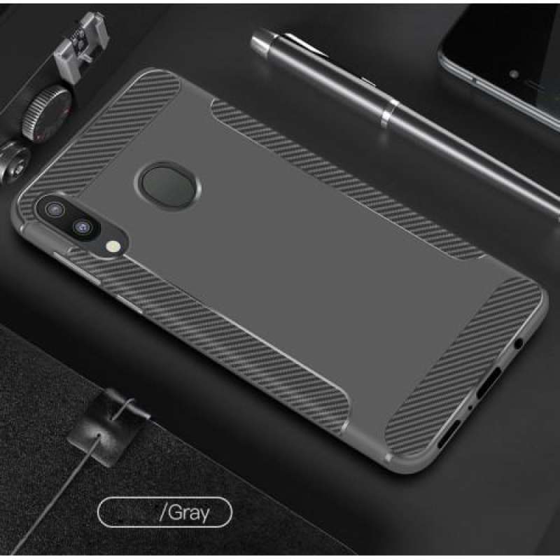 Szénszálas csúszásgátló zselés tok Samsung Galaxy M20-hoz - szürke