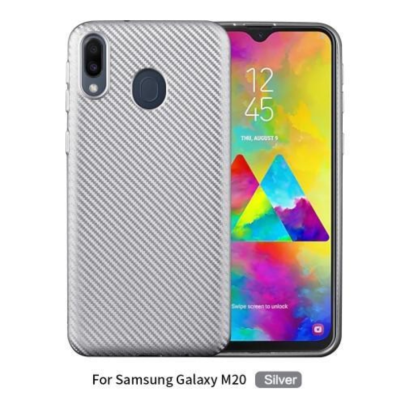 Szénszálas texturált zselés tok Samsung Galaxy M20-hoz - ezüst