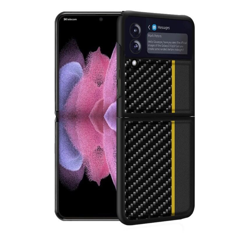 Szénszálas műanyag borítás Samsung Galaxy Z Flip3 5G készülékhez - sárga
