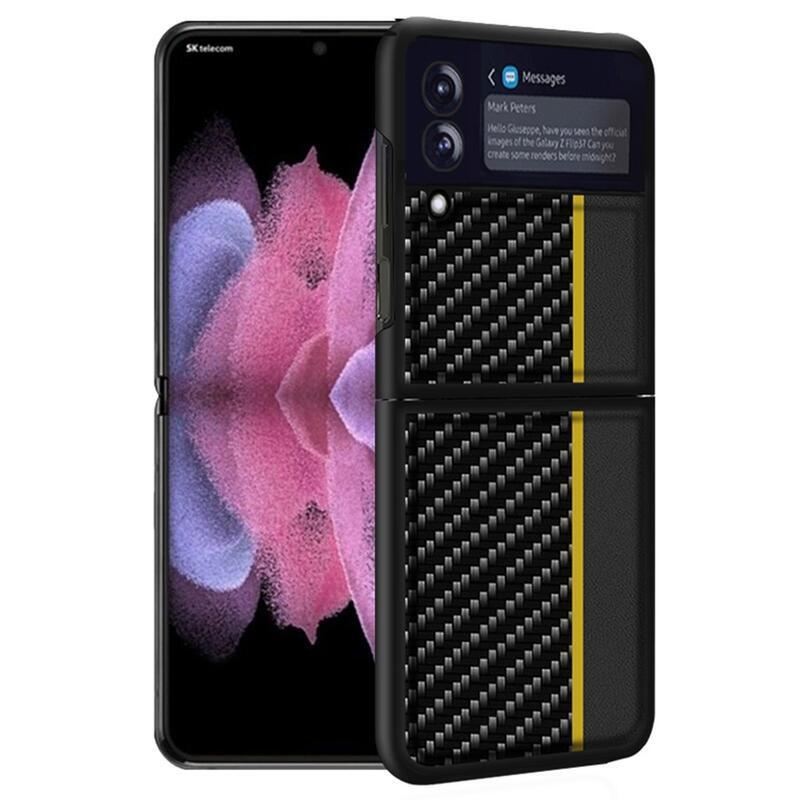Szénszálas műanyag borítás Samsung Galaxy Z Flip4 5G készülékhez - fekete/sárga