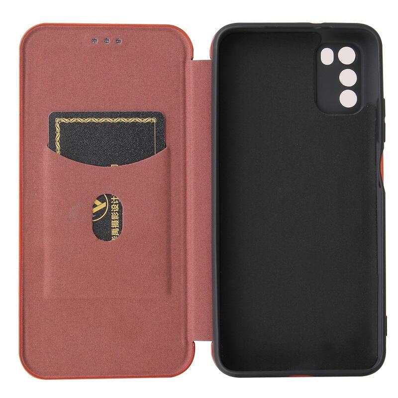 Karbon PU bőr pénztárca tok Xiaomi Poco M3-hoz - barna
