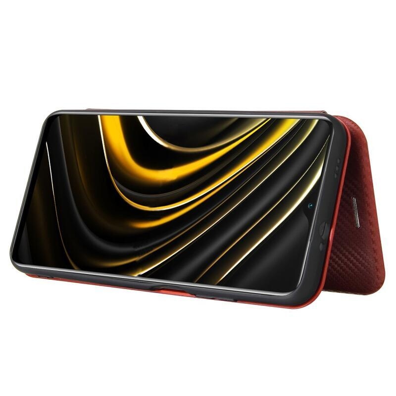 Karbon PU bőr pénztárca tok Xiaomi Poco M3-hoz - barna