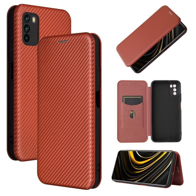 Karbon PU bőr pénztárca tok Xiaomi Poco M3-hoz - barna