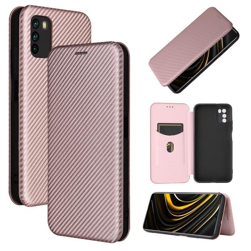 Karbon PU bőr pénztárca tok Xiaomi Poco M3-hoz - rózsaarany