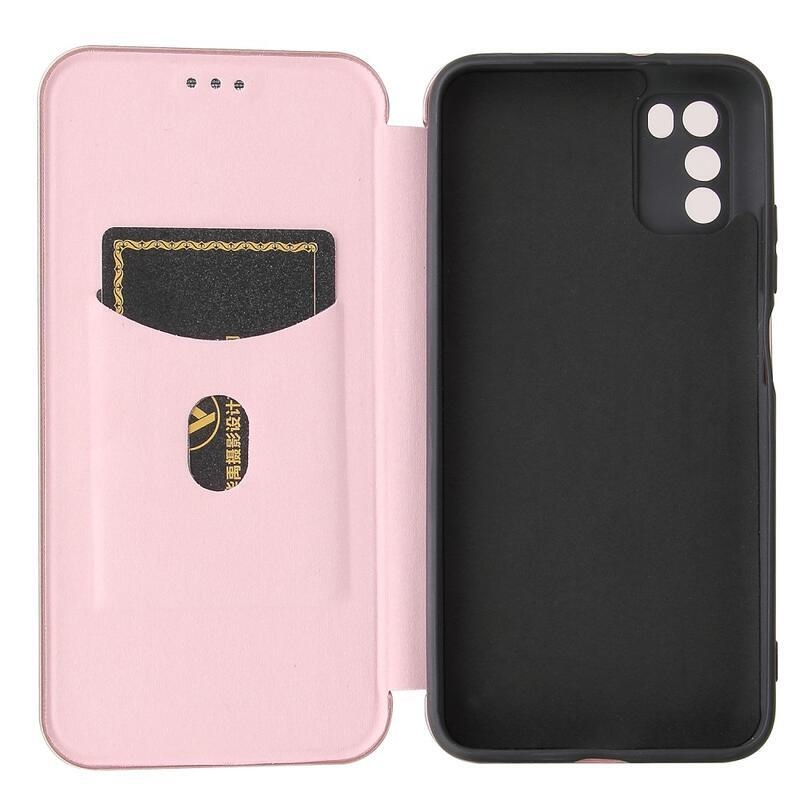 Karbon PU bőr pénztárca tok Xiaomi Poco M3-hoz - rózsaarany