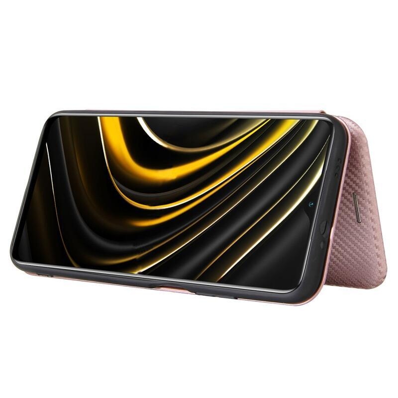 Karbon PU bőr pénztárca tok Xiaomi Poco M3-hoz - rózsaarany