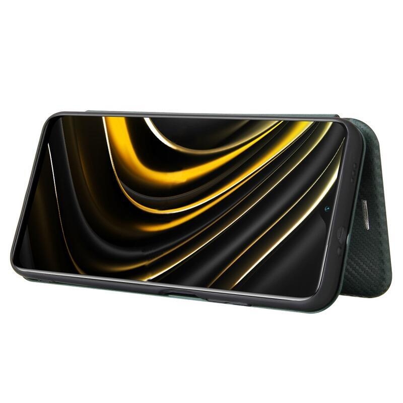 Karbon PU bőr pénztárca tok Xiaomi Poco M3-hoz - zöld