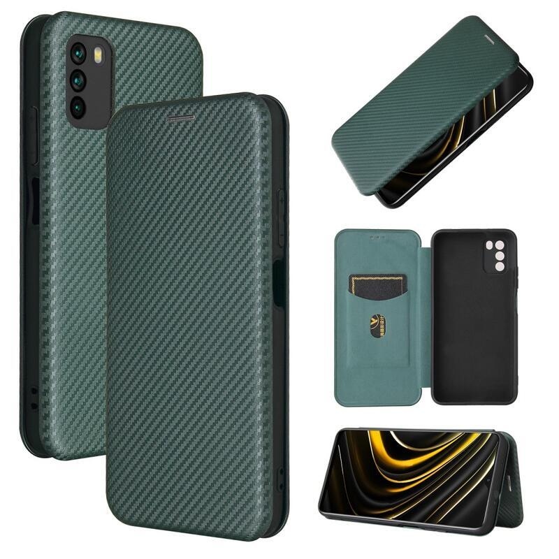 Karbon PU bőr pénztárca tok Xiaomi Poco M3-hoz - zöld