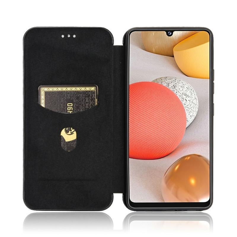 Karbon PU bőr pénztárca tok Samsung Galaxy A42 5G - fekete