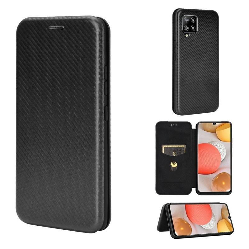 Karbon PU bőr pénztárca tok Samsung Galaxy A42 5G - fekete