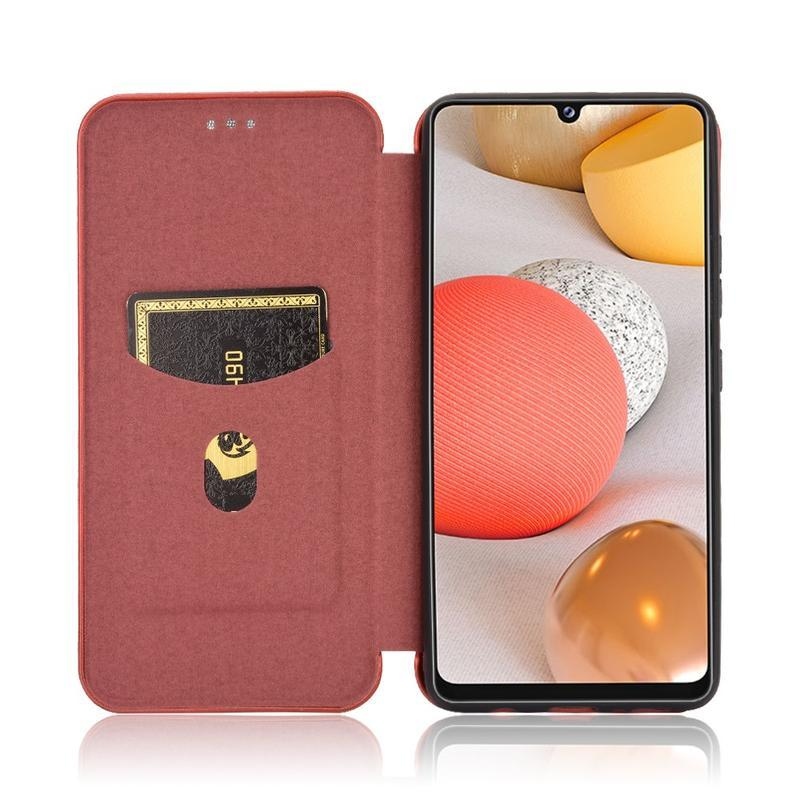 Karbon PU bőr pénztárca tok Samsung Galaxy A42 5G-hez - piros