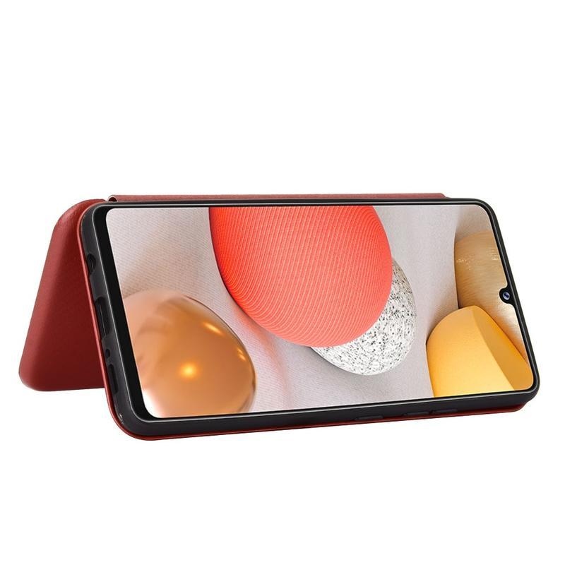 Karbon PU bőr pénztárca tok Samsung Galaxy A42 5G-hez - piros
