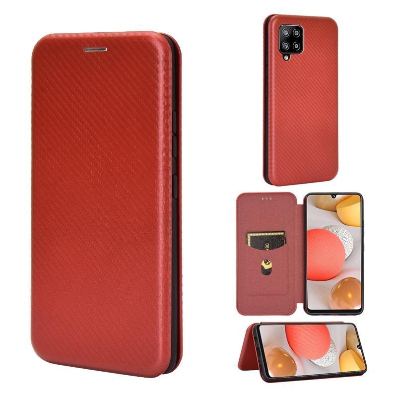 Karbon PU bőr pénztárca tok Samsung Galaxy A42 5G-hez - piros