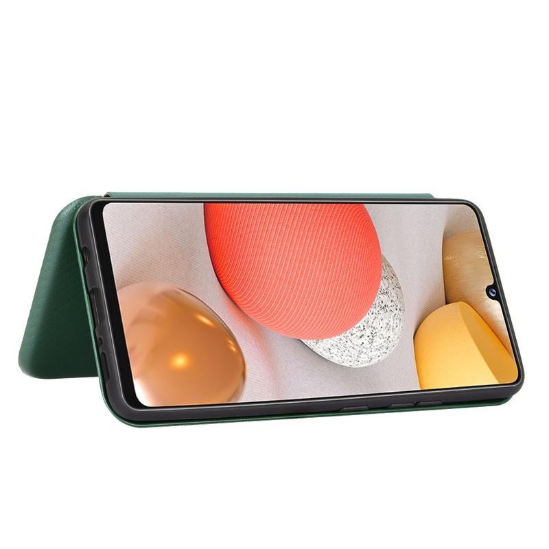 Karbon PU bőr pénztárca tok Samsung Galaxy A42 5G-hez - zöld
