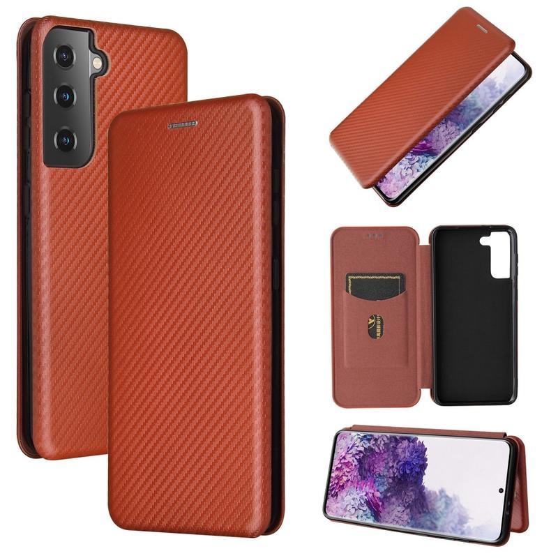 Karbon PU bőr pénztárca tok Samsung Galaxy S21-hez - barna